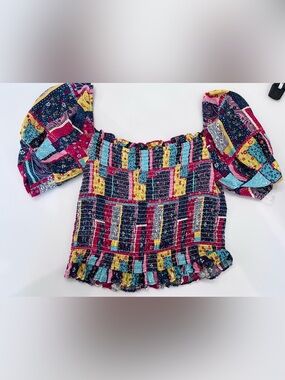 Rock& Roll Denim Multi-Color Smocked Crop Top - Vibrant Patchwork Print